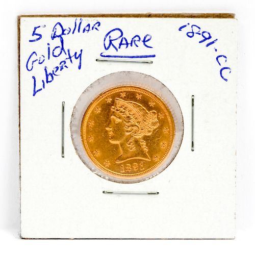 1891 CC 5 Dollar Gold Liberty Coin