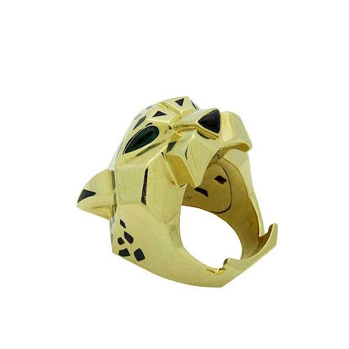Panther De Cartier 18k Yellow Gold Onyx and Peridot Ring