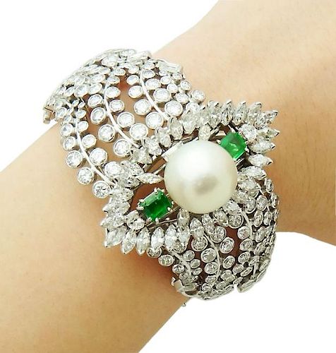 Platinum Over 30 TCW Diamond Emerald and Pearl Bracelet