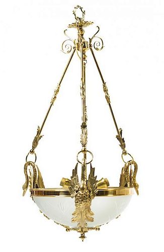 An Empire Style Gilt Bronze and Frosted Glass Chandelier, Height 42 x diameter 22 inches.