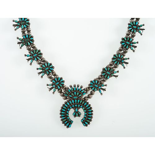 Zuni Petite Point Turquoise and Silver Squash Blossom Necklace