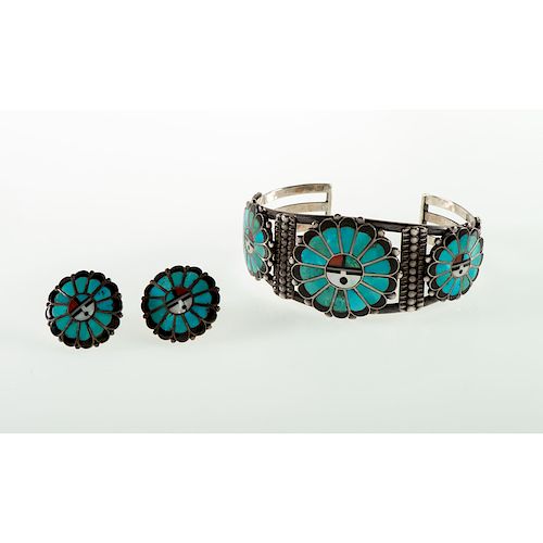 Frank Vacit (Zuni, 1915-1999) Mosaic Inlaid Sunface Cuff Bracelet AND Matching Earrings