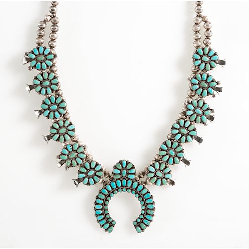Zuni Petit Point Turquoise and Silver Squash Blossom Necklace