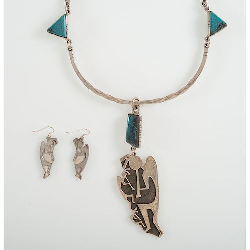 Ray Morton "Whirling Wind" (Dine, 20th century) Navajo Silver and Turquoise Necklace and Earrings