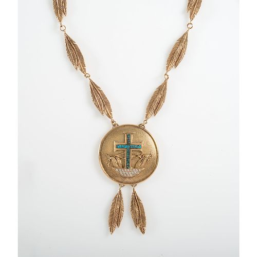 Ted Charveze (Isleta, 20th century) 14K Gold, Diamond, and Turquoise Necklace