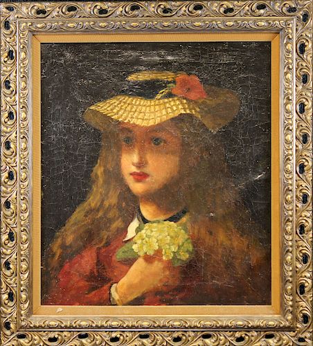 19th C. Portrait of Young Girl With Flowers