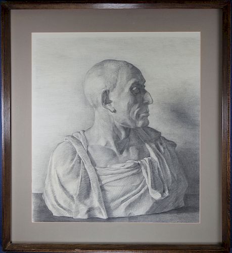 Signed, Pencil Drawing of a Stone Bust of a Man