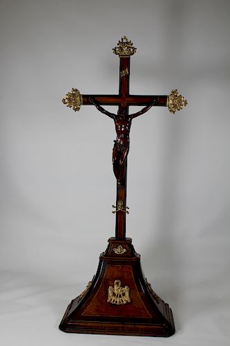 Large Antique Carved Wooden/Bronze Crucifix