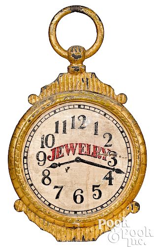 Painted iron and giltwood pocket watch trade sign