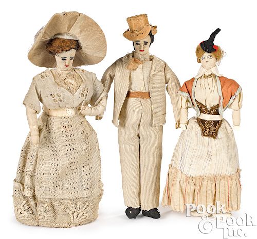 Three hand-made folk art cloth dollhouse dolls