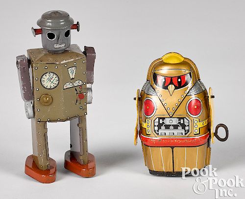 Two Japanese tin lithograph windup robots