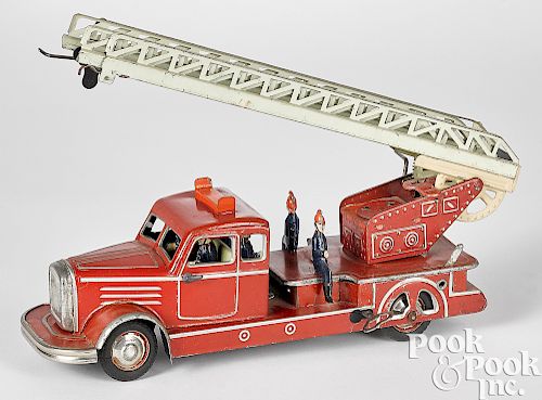 German tin lithograph clockwork fire ladder truck