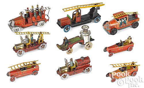 Nine tin lithograph fire related penny toys