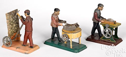 Three lithograph tin workmen steam toy accessories