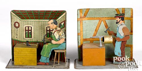 Two Falk tin lithograph workers steam toy accessories