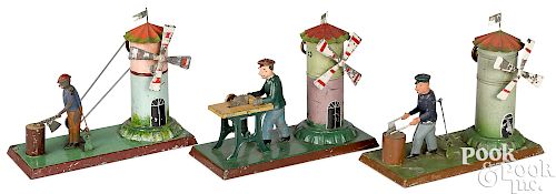 Three painted tin workers steam toy accessories