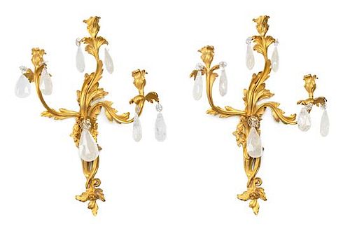 A Pair of Louis XV Style Gilt Bronze and Rock Crystal Three-Light Sconces Height 26 inches.