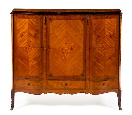 * A Louis XV Style Marquetry Decorated Armoire Height 50 1/2 x width 61 x depth 18 inches.