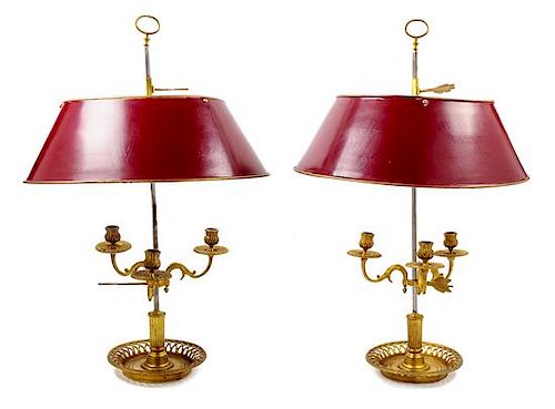 A Pair of Louis XVI Style Gilt Bronze Bouillotte Lamps Height 25 1/2 inches.