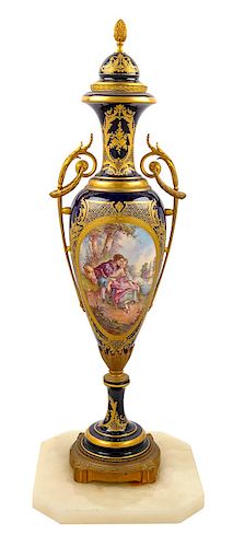 A Sevres Style Gilt Metal Mounted Porcelain Urn Height 33 1/8 inches.