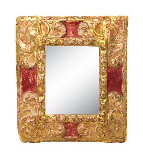 An Italian Painted and Gilt Mirror Height 14 x width 12 1/2 inches.