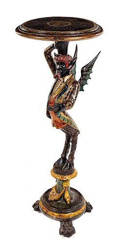 * A Venetian Carved and Painted Figural Table Height 42 1/2 x diameter of top 16 1/4 inches.