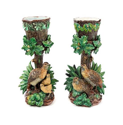 A Pair of Hugo Lonitz Majolica Quail Figural Pedestals Height of tallest 12 3/4 inches.