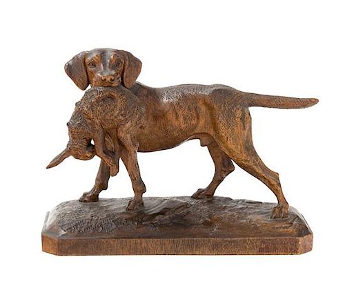 A Black Forest Carved Pointer And Rabbit Figural Group Width 7 1/2 inches.