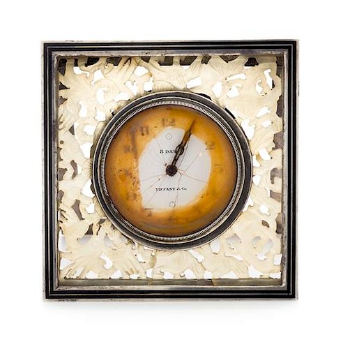 An American Silver and Hardstone Desk Clock, Tiffany & Co., New York, NY, the silver frame of square form enclosing a pierce dec