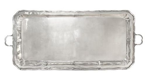 A Large Silver-Plate Tray, Likely Mexican, 20th Century, of twin-handled rectangular form, the undulating rim with reeded decora