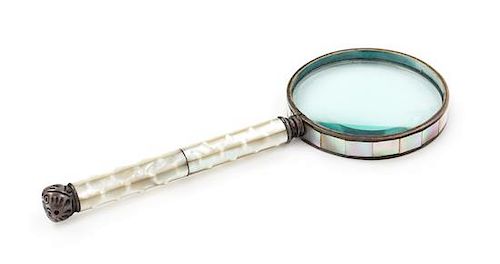A Silver-Plate and Mother-of-Pearl Magnifying Glass Length 8 1/4 inches.