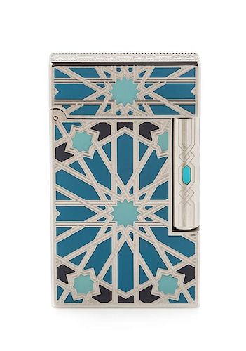 An S.T. Dupont Andalusia Limited Edition Line 2 Platinum and Lacquered Pocket Lighter Height 2 1/2 inches.