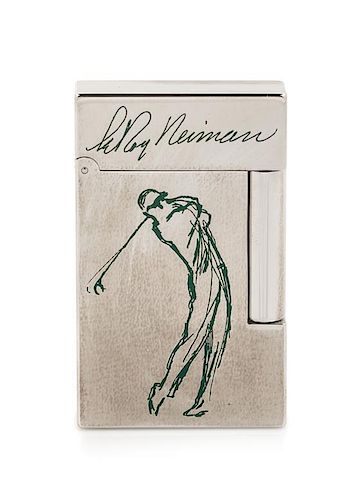 An S.T. Dupont LeRoy Neiman: Golf Limited Edition Line 2 Palladium and Lacquered Pocket Lighter Height 2 1/2 inches.