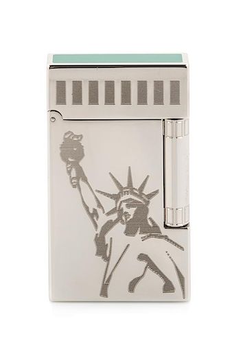 An S.T. Dupont Statue of Liberty Limited Edition Line 2 Platinum and Lacquered Pocket Lighter Height 2 1/2 inches.