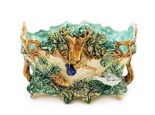 A French Frie Onnaing Majolica Jardiniere Height 9 3/4 x width 14 x depth 10 inches.