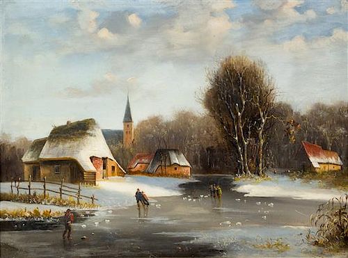 Frederik Marinus Kruseman, (Dutch, 1816-1882), Figures on a Frozen River, 1870