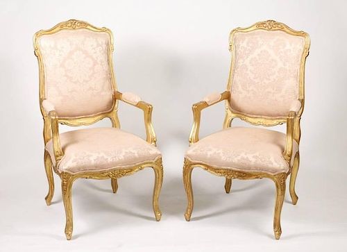 Pair of French Louis XV Style Giltwood Fauteuils