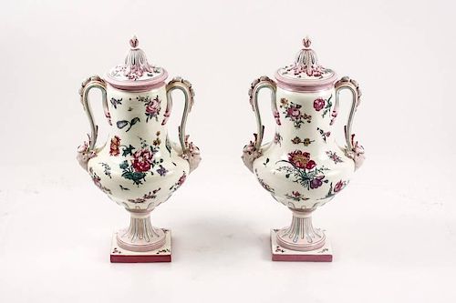 Pair of French Gien Faience Lidded Urns