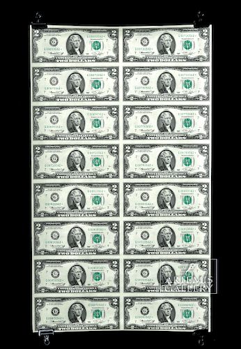 Sheet of 16 Uncut US $2 Bills, 1976