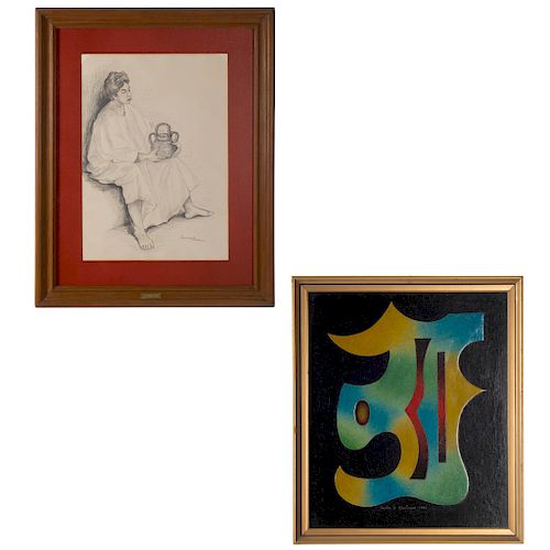 Lote de 2 obras pict—ricas. Consta de Carlos R. Mart’nez. "La m‡scara" y Ramona Arnau. Mujer con vasija.