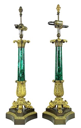 French Empire Malachite Dore Bronze Column Lamps