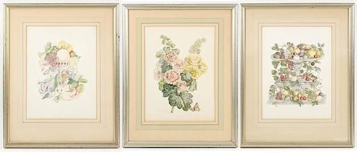 American, Trio of Watercolors of Fruit & Flowers