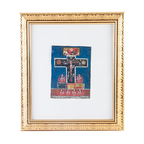 Cruz de ánimas México, principios del siglo XX. Óleo sobre lámina. Con leyenda en la predela. Enmarcado.