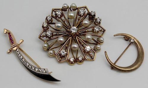 JEWELRY. 14kt Gold and Diamond Brooch Grouping.