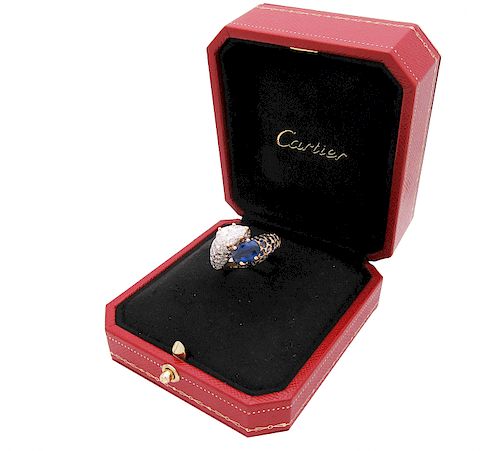 Estate Cartier 18k Yellow Gold Sapphire and Diamond Ring Size 7.75