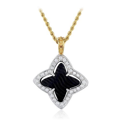 A 14K Gold Diamond and Onyx Pendant Necklace
