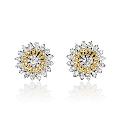 A Pair of Platinum and 14K Gold Diamond Earclips
