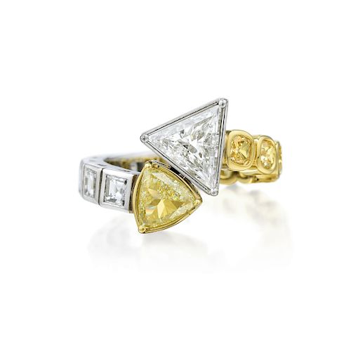An 18K Gold and Platinum Asymmetrical Diamond Ring