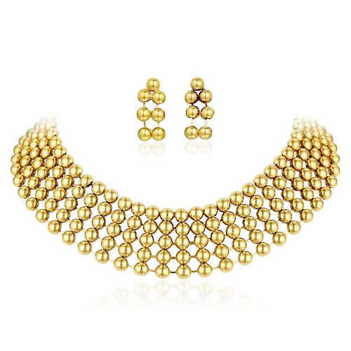 An 18K Gold Beaded Link Necklace and Earclip Set, Italian