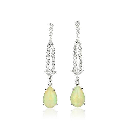 A Pair of Platinum Opal and Diamond Earrings